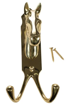 HKM Dobbel knagg med hestehode Messing< Stallutstyr